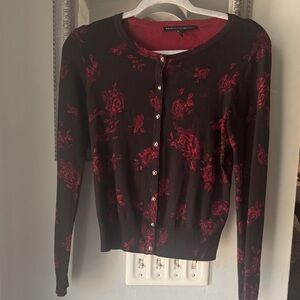 White House Black Market Black Cardigan with Red Floral Design